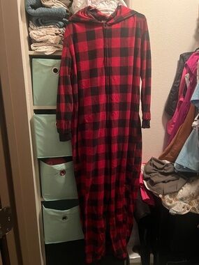 Red & Black Buffalo Plaid Hooded unisex Pajama Onesie